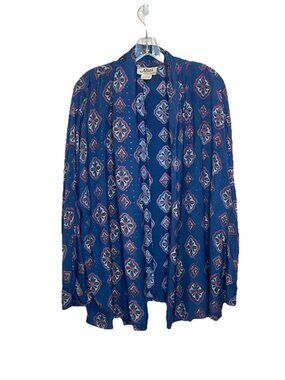 Vtg Adini Rayon open Front Jacket Sz M Blue Boho Medallion Print Duster Artsy